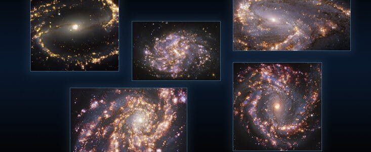 This image combines observations of the nearby galaxies NGC 1300, NGC 1087, NGC 3627 (top, from left to right), NGC 4254 and NGC 4303 (bottom, from left to right) taken with the Multi-Unit Spectroscopic Explorer (MUSE) on ESO’s Very Large Telescope (VLT). Each individual image is a combination of observations conducted at different wavelengths of light to map stellar populations and warm gas. The golden glows mainly correspond to clouds of ionised hydrogen, oxygen and sulphur gas, marking the presence of newly born stars, while the bluish regions in the background reveal the distribution of slightly older stars. The images were taken as part of the Physics at High Angular resolution in Nearby GalaxieS (PHANGS) project, which is making high-resolution observations of nearby galaxies with telescopes operating across the electromagnetic spectrum.