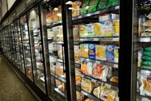 Grocery frozen food section.