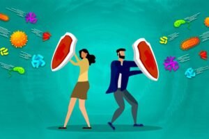 Illustration of a man and woman with shields fighting off health threats