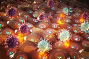 Viruses (EBV and KSHV) surrounding cells.