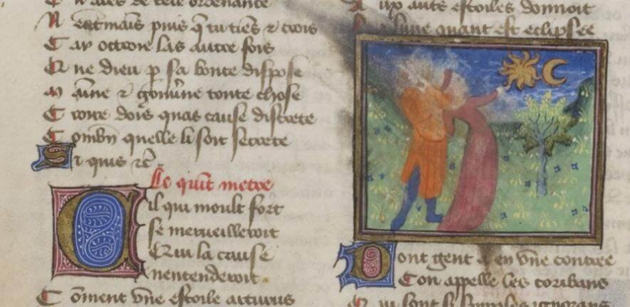 An illuminated manuscript from the late 14th to the early 15th century, depicting two individuals observing a lunar eclipse Credit: Recueil de poésies françaises. Consolation de Boèce, Ms. 822, fol. 61v, Bibliothèque Municipale de Toulouse /Gallica, BnF