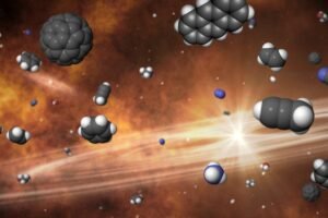 Artistic composition of a “soup” of prebiotic molecules around a protoplanetary disc.