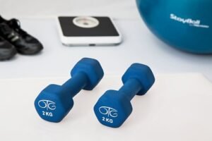 hand weights and a bathroom scale