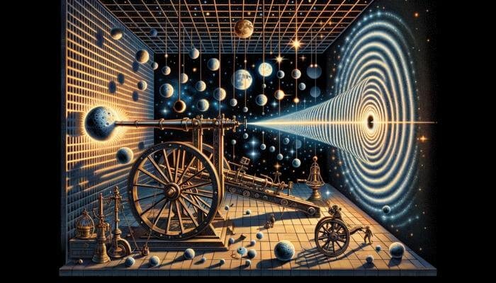 The image depicts an experiment in which heavy particles (illustrated as the moon), cause an interference pattern (a quantum effect), while also bending spacetime. The hanging pendulums depict the measurement of spacetime. The actual experiment is typically performed using Carbon-60, one of the largest known molecules. The UCL calculation indicates that the experiment should also be performed using higher density atoms such as gold. The other two images represent the two experiments proposed by the UCL group, both of which constrain any theory where spacetime is treated classically. One is the weighing of a mass, the other is an interference experiment.