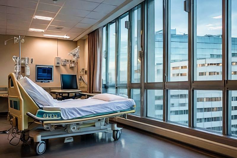 empty hospital bed facing a window
