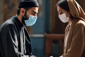 man and woman in prayer, wearing masks