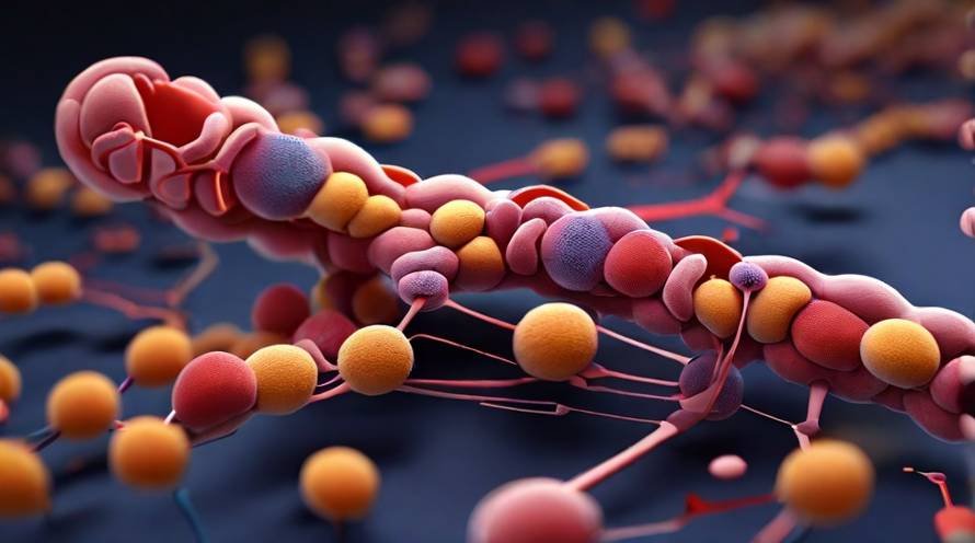 A digital illustration depicting the gut microbiome, with tryptophan molecules being broken down by bacteria into indole byproducts, some of which are shown triggering inflammation in the joints.