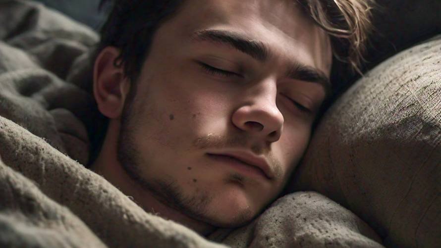 sleepy young man waking up and looking older than his age