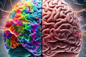An illustration depicting a human brain with colorful, pulsating waves emanating from different regions