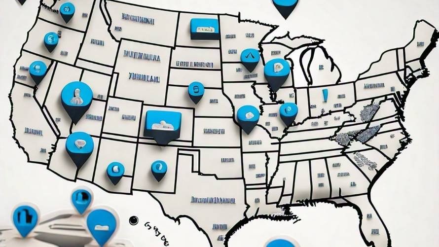 An illustration depicting a map of the United States with multiple hospital icons scattered across the country