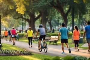 A photograph of a diverse group of people enjoying various physical activities in a lush, green park setting.