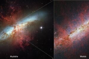 On the left is the starburst galaxy M82 as observed by NASA’s Hubble Space Telescope in 2006. The small box at the galaxy’s core corresponds to the area captured so far by the NIRCam (Near-Infrared Camera) instrument on NASA’s James Webb Space Telescope. The red filaments as seen by Webb are the polycyclic aromatic hydrocarbon emission, which traces the shape of the galactic wind. In the Hubble image, light at .814 microns is colored red, .658 microns is red-orange, .555 microns is green, and .435 microns is blue (filters F814W, F658N, F555W, and F435W, respectively). In the Webb image, light at 3.35 microns is colored red, 2.50 microns is green, and 1.64 microns is blue (filters F335M, F250M, and F164N, respectively). NASA, ESA, CSA, STScI, A. Bolatto (University of Maryland)