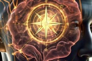 a human head with a transparent brain, revealing a glowing compass-like structure within the hippocampus and surrounding regions.