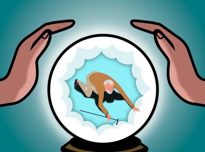 illustration of a crystal ball showing an old man who has fallen