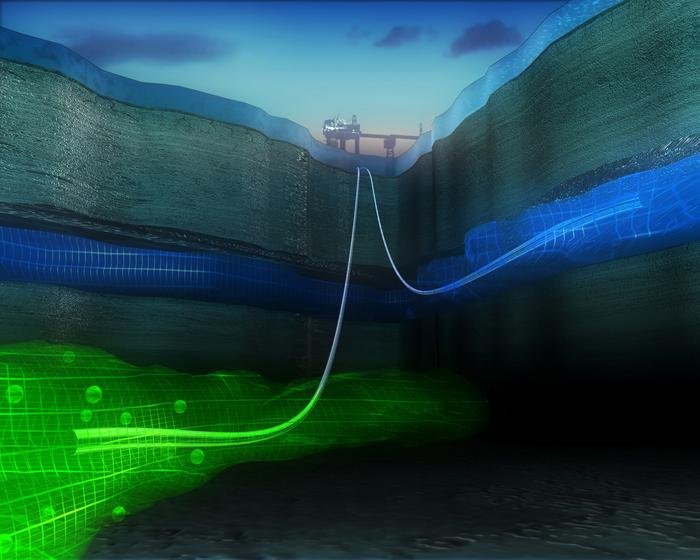 Image description: 3D visualisation of CCS at Sleipner, where carbon dioxide has been successfully stored deep below the North Sea outside the coast of Norway since 1996