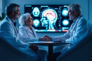 Physicians shaking hands in front of a brain scan