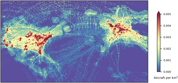 Maximum air traffic density (# km−2) within each 0.5° by 0.5° grid cell during 1 September 2023, for North America, the Atlantic and Europe. Plotted using Cartopy v0.22.1 (scitools.org.uk/cartopy).