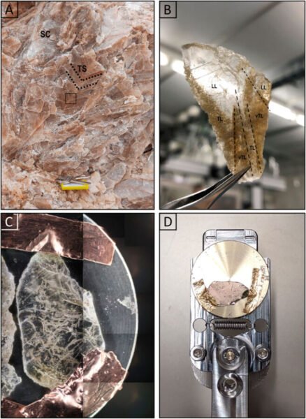 Gypsum’s crystalline facies and sample handling. Images of the studied twinned selenite crystal and of the sample preparation and handling for optical microscopy, SEM-EDX, and LIMS analyses. (A) Smal crystal selenite (SC) and decimeter-sized twinned arrow-head selenite (TS) crystals show the darker re-entrant angle of the crystals (dashed black lines). (B) Large petrographic thin section of the re-entrant angle of the twinned selenite crystal marked in the blue rectangle in (A). It shows very turbid (vTL), turbid (TL) and limpid laminations (LL). (C) Small petrographic thin section of turbid laminae fixed on the LIMS sample holder with copper tape. (D) Gold coated sample on the LIMS sample holder.