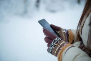 mittens holding a phone