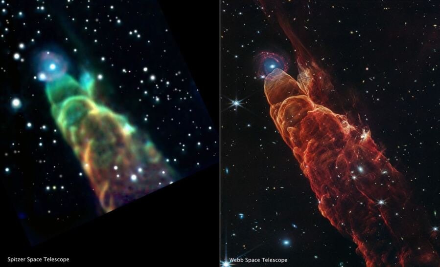 This side-by-side comparison shows a Spitzer Space Telescope Infrared Array Camera image of HH 49/50 (left) versus a Webb image of the same object (right) using the NIRCam (Near-infrared Camera) instrument and MIRI (Mid-infrared Instrument). The Webb image shows intricate details of the heated gas and dust as the protostellar jet slams into the material. Webb also resolves the “fuzzy” object located at the tip of the outflow into a distant spiral galaxy. The Spitzer image shows 3.6-micron light in blue, the 4.5-micron in green, and the 8.0-micron in red (IRAC1, IRAC2, IRAC4). In the Webb image, blue represents light at 2.0-microns (F200W), cyan represents light at 3.3-microns (F335M), green is 4.4-microns (F444W), orange is 4.7-microns (F470N), and red is 7.7-microns (F770W).