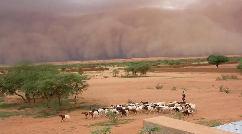 Intense dust storms, such as this haboob in Mali, proceed torrential rain in the Sahel. Credit Picture: Françoise Guichard / Laurent Kergoat / CNRS Photo Library